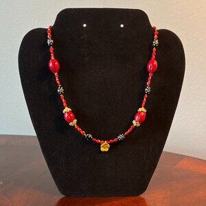 Handmade Beaded Necklace - Red with Black & Gold Accents